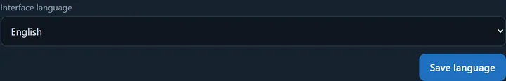 The Interface language setting: a dropdown (inherit from the organisation / Magyar / English), the explanatory text, and the Save language button.