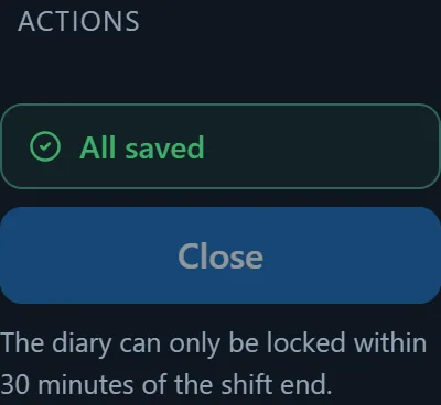 The diary's right-hand Actions rail: at the top the “All saved” status, below it the “Close” button, and at the bottom the note that the diary can only be locked within 30 minutes of the shift end.
