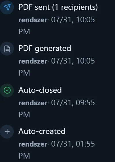 The Activity timeline: PDF sent (1 recipient) — system, 07. 31. 22:05; PDF generated; Auto-closed; Auto-created — each with a name and a timestamp.