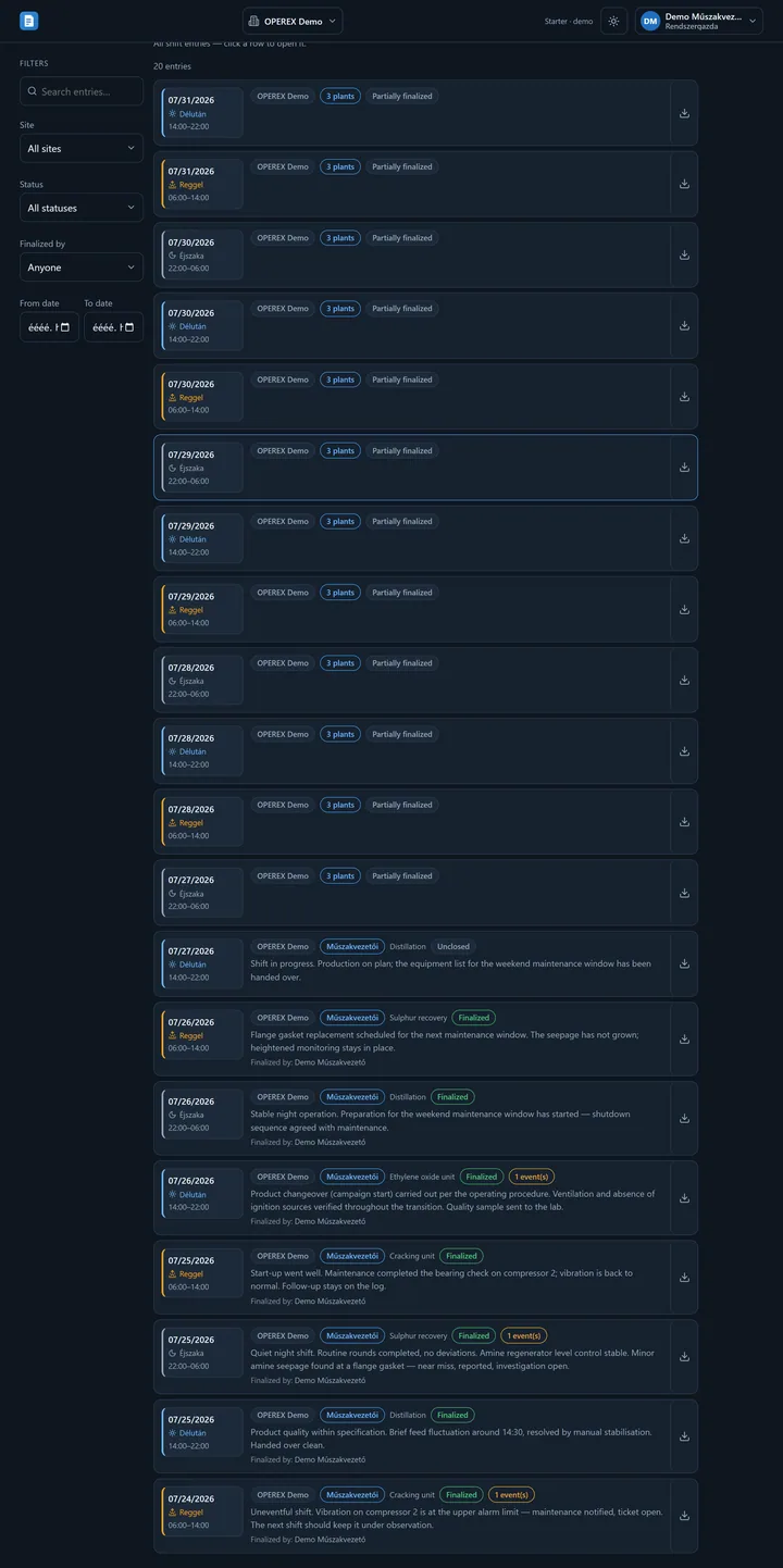 The Archived entries page: the Filters panel on the left (search, site, status, finalized by, from–to date), the list of entries on the right — each row a date stamp with the shift and time window, the site, the plant count, a status badge, and the PDF download button on the far right.