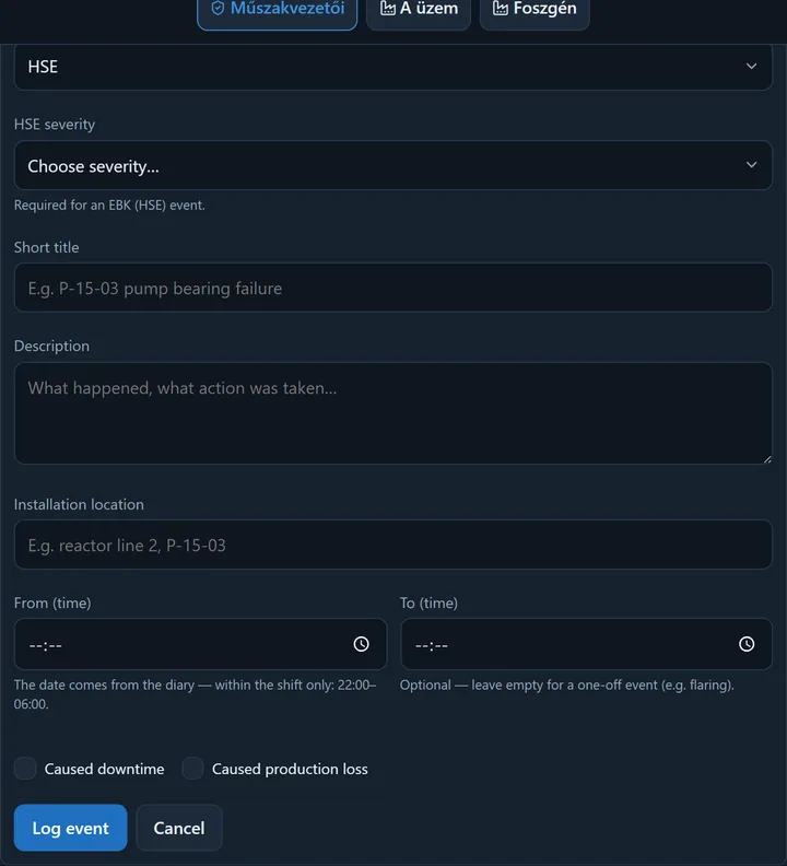 The opened event form: event type, short title, description, installation location, from–to time, and the two flags (caused downtime, caused production loss).