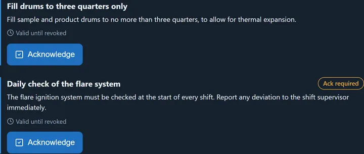 A management order in the diary: the 'Ack required' warning badge next to the title, the order's body below it, the validity and the Acknowledge button.