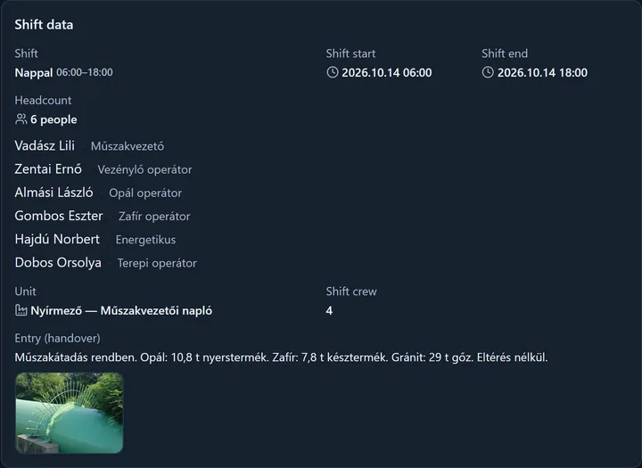 The bottom of the diary's Shift data element: the thumbnail of the photo attached below the handover text