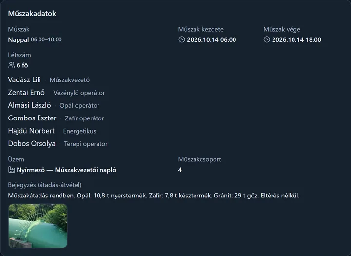 A napló Műszakadatok elemének alja: a műszakátadás szövege alatt a hozzá csatolt fénykép bélyegképe