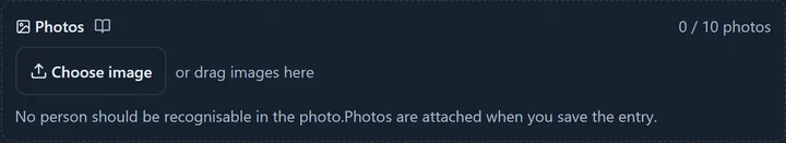 The photo box on a new event's form: the Photos header with the count (0 / 10 photos), the Choose image button, the drag hint and the No person should be recognisable in the photo warning