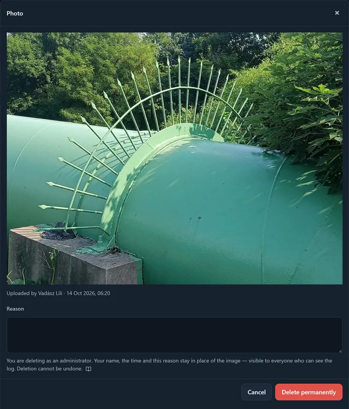 The photo's large view with the deletion reason field: deletion is permanent, and your name, the time and the reason stay in place of the photo