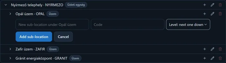 The functional location tree: each row shows the location name, code and level, with the Add sub-location, Edit and Archive icons on the right; below an expanded location, the sub-location form.