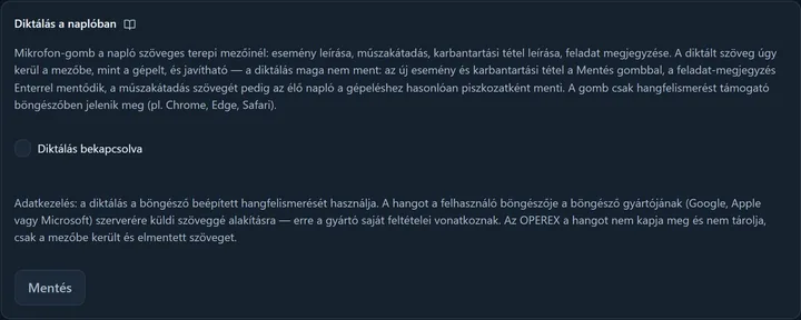 Az Általános fül „Diktálás a naplóban” kártyája: a „Diktálás bekapcsolva” jelölő és az adatkezelési megjegyzés