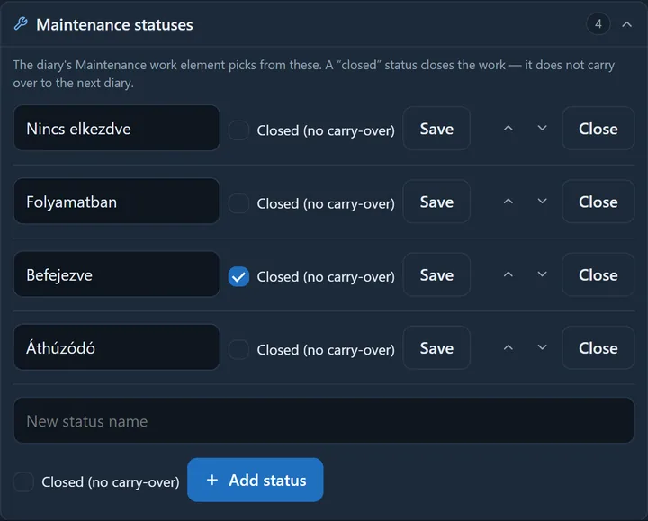 The Maintenance statuses box expanded: the explanatory line, then one row per status (Not started, In progress, Done, Carried over) with its name field, the 'Closed (no carry-over)' checkbox, a Save button, reorder arrows and a Close (archive) button; the add-status form at the bottom.