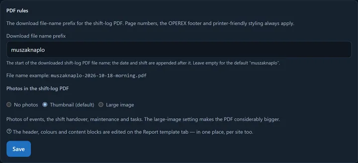 The Photos in the shift-log PDF selector on the PDF & email Appearance tab: No photos, Thumbnail (default), Large image