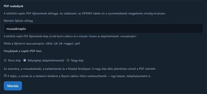 A PDF és email beállítás Megjelenés fülén a „Fényképek a napló-PDF-ben” választó: Nincs kép, Bélyegkép (alapértelmezett), Nagy kép