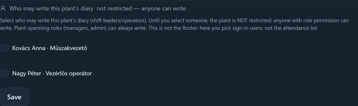 The 'Who may write this plant's diary' box expanded: the header says 'not restricted — anyone can write', below it the checkboxes of selectable plant-bound colleagues and the Save button.