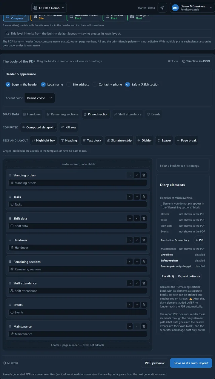 The report template editor: the list of body blocks (Heading, Text block, Events, KPI row, Handover, Computed datapoint…), the header/appearance settings and the PDF preview.