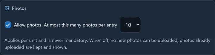 The Events element's Photos block: the Allow photos tick and the At most this many photos per entry list (1–10)