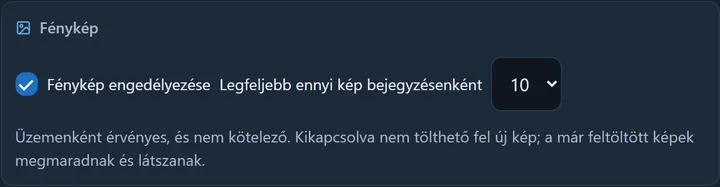 Az Események elem Fénykép blokkja: a „Fénykép engedélyezése” jelölő és a „Legfeljebb ennyi kép bejegyzésenként” lista (1–10)