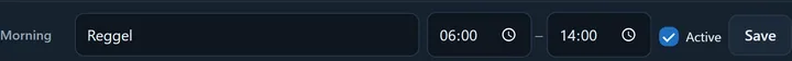 A shift's row: its label field (Morning), the start and end time (06:00–14:00), the Active checkbox and the Save button.