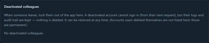 The Deactivated colleagues card at the bottom of the Users tab: the explanatory text, then the rows of deactivated accounts with email and role, and the Restore action at the end of each row.