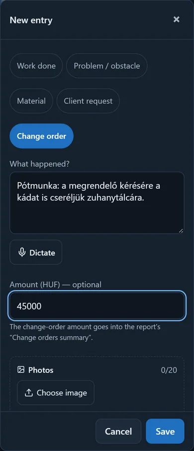 The New entry dialog: category buttons, the What happened? field with the Dictate button, the change-order amount