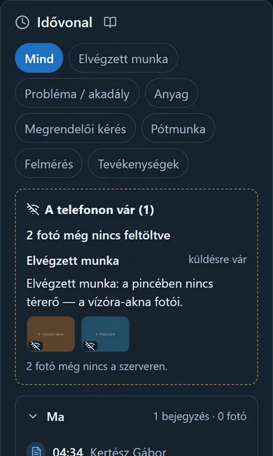 Az idővonal fölött az „A telefonon vár (1)” sor két még fel nem töltött fotóval és a „küldésre vár” állapottal