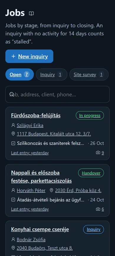 The Jobs list: stage filters with counts, a search box and job cards showing client, address and next to-do