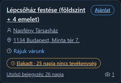 Egy ajánlat szakaszban álló munka kártyája az „Elakadt” és a „Rájuk várunk” jelzéssel
