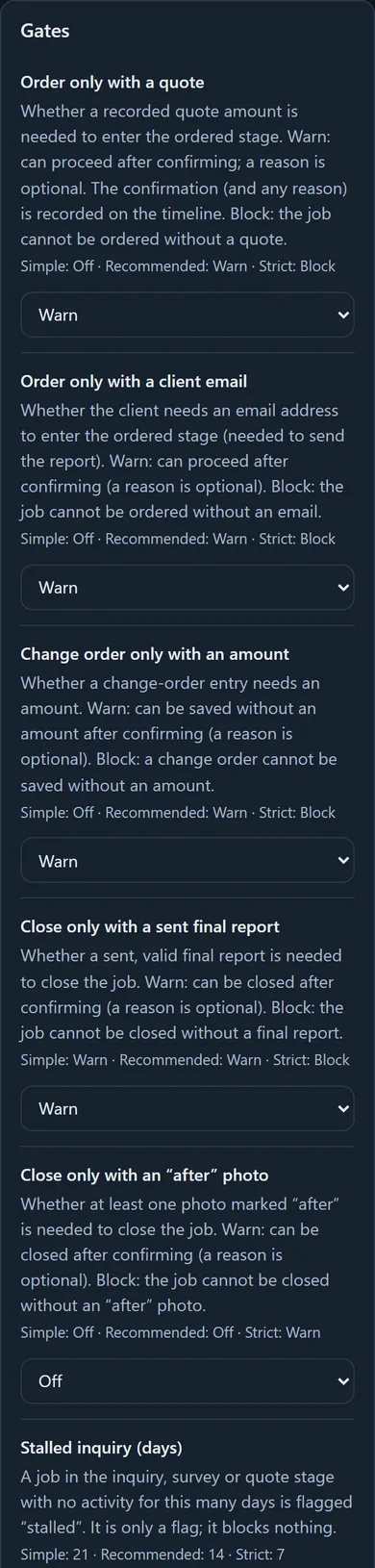The Gates group: the conditions for ordering, change orders and closing with Off, Warn, Block selectors, and the stalled-inquiry days