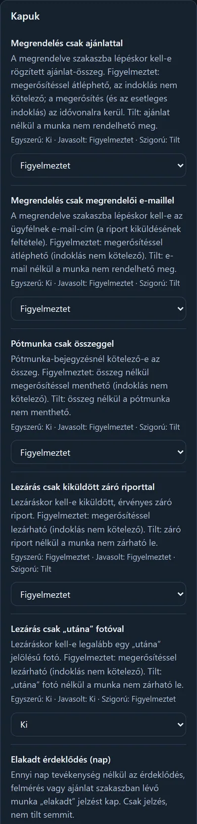 A Kapuk csoport: a megrendelés, a pótmunka és a lezárás feltételei Ki, Figyelmeztet, Tilt választóval, és az elakadt érdeklődés napjai