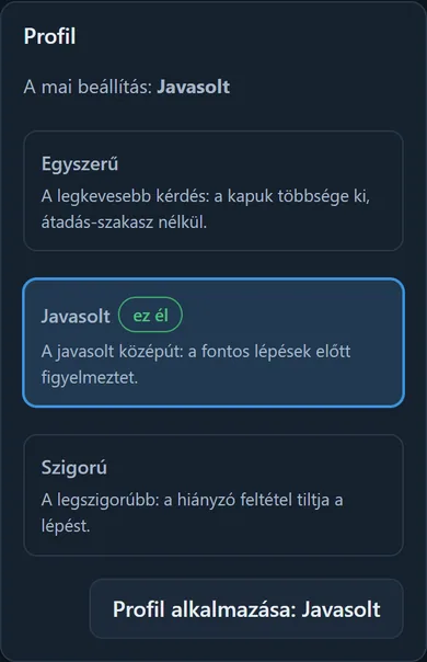 A Munkanapló házirend lap Profil paneljén a három profil (Egyszerű, Javasolt, Szigorú) leírással, a mai beállítás jelzésével és az alkalmazás gombbal