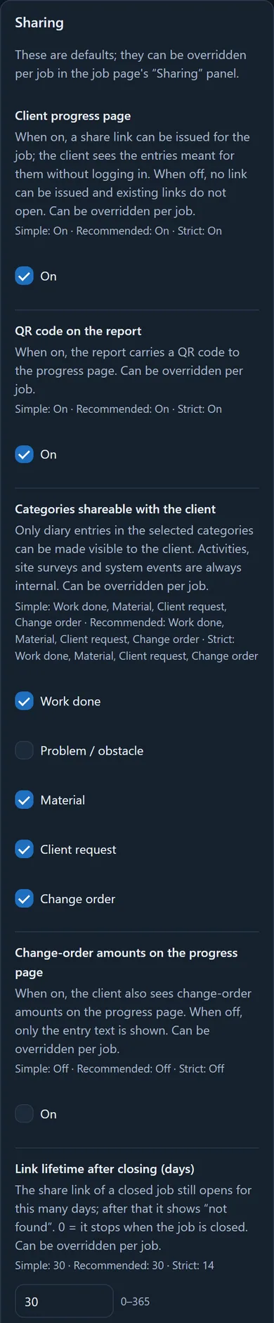 The Sharing group: progress page, QR code, shareable categories, link lifetime, and the disabled, explained add-in switches