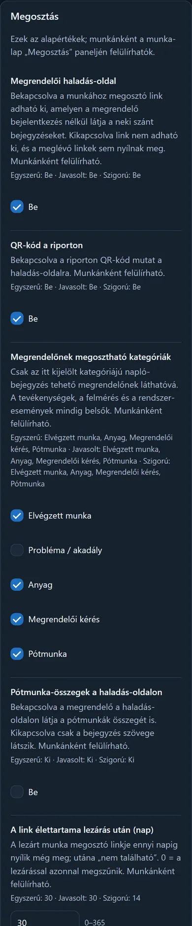 A Megosztás csoport: haladás-oldal, QR-kód, megosztható kategóriák, a link élettartama, és a letiltott, indokolt kiegészítő kapcsolók