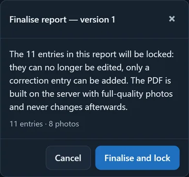 The Finalise report confirmation: the number of entries that get locked and the Finalise and lock button