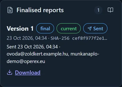 The Finalised reports list: version, final and current badges, the Sent mark, the SHA-256 fingerprint, Download