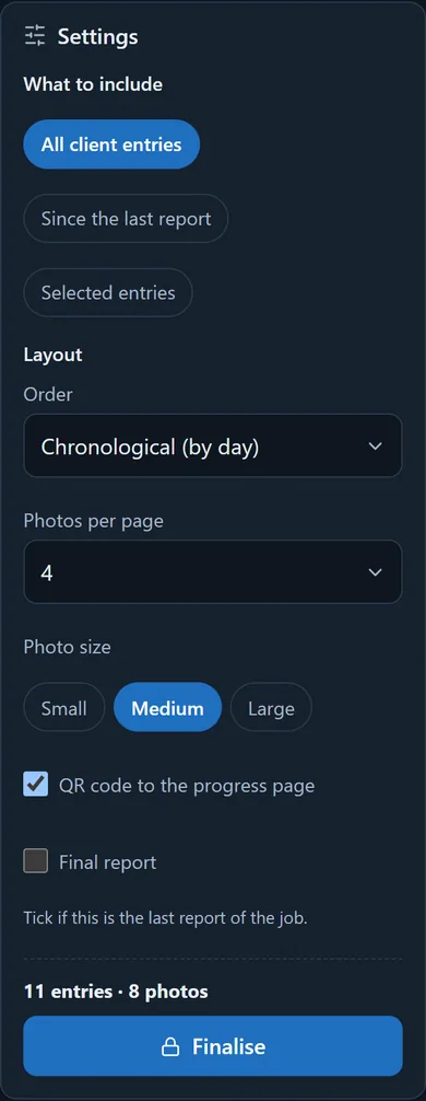 The Report tab Settings panel with the content (What to include) and layout (Order, Photos per page, Photo size, QR code, Final report) controls
