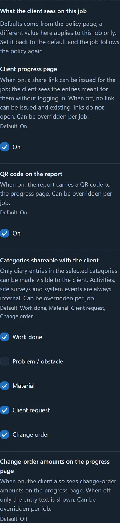 The What the client sees on this job per-job settings: for each row the default and the value that applies to the job