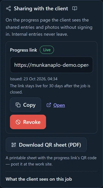 The Sharing with the client panel: the live progress link, the Copy, Open, Revoke buttons and the QR sheet download