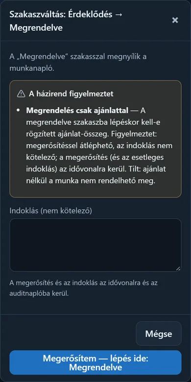 Szakaszváltás párbeszéd a házirend figyelmeztetésével és a megerősítő gombbal