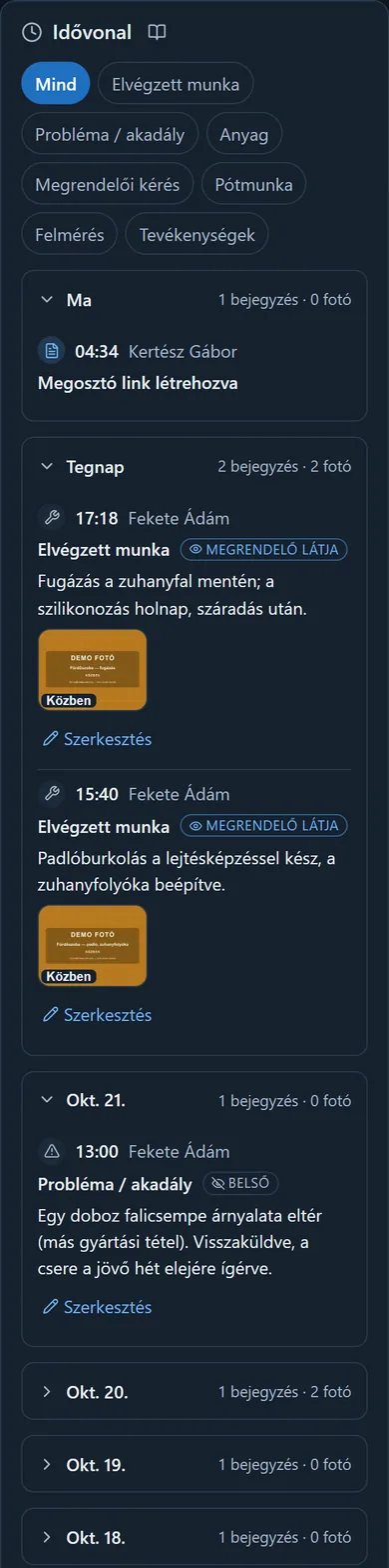 A munka idővonala napokra bontva: a mai nap nyitva, a régebbiek összecsukva, a kártyákon idő, szerző, kategória és fotócsík