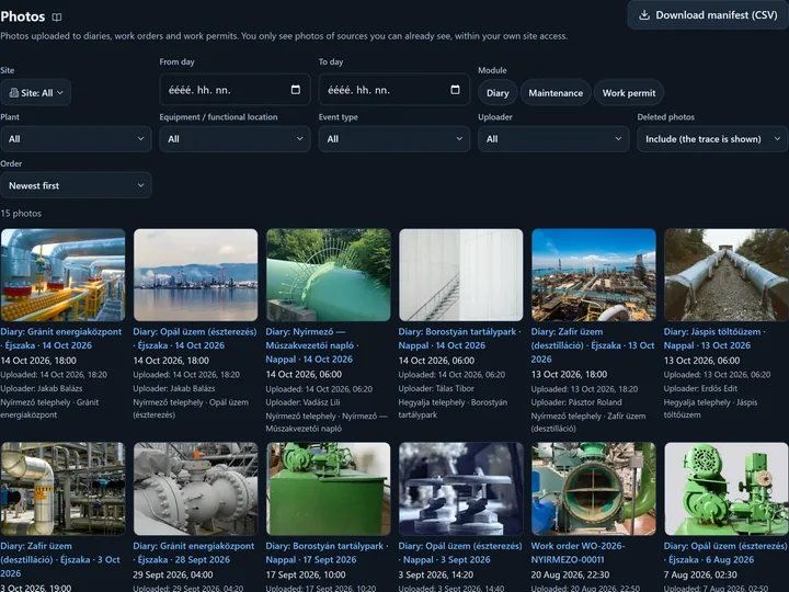 The Photos view: the filters at the top (site, period, module, plant, equipment, event type, uploader, deleted photos, order), below them the photo tiles with source, time and place