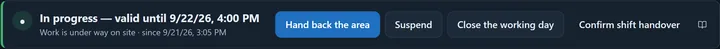 The status bar of a valid permit at the top of the page: in progress — valid, work is under way on site and since when; next to it the next-step button (Hand back the area), Suspend, Close the work day and Confirm shift handover.