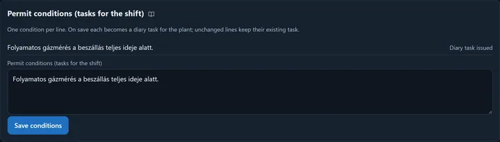 The Permit conditions (tasks for the shift) card: one saved condition (continuous gas measurement for the whole entry, typed in Hungarian) marked Diary task issued, below it the text box that takes one condition per line, and the Save conditions button.