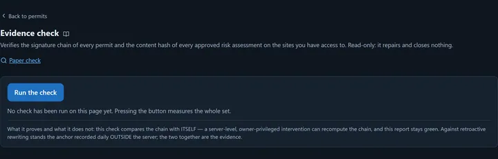 The Evidence check page: the title with the help icon, the explanation, the Paper check link, the Run the check button, the sentence saying no check has been run yet, and the What it proves and what it does not paragraph.