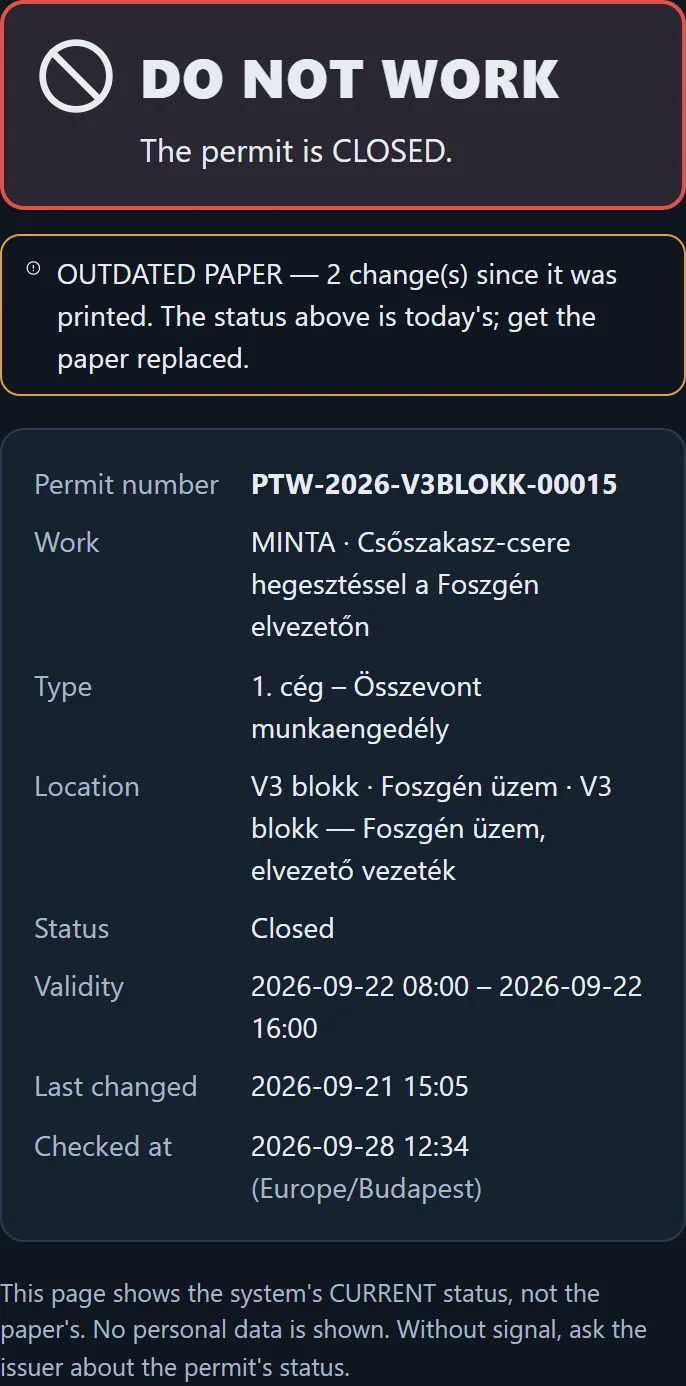 The permit’s live status on a phone, from the paper’s QR code: DO NOT WORK — the permit is closed; below it OUTDATED PAPER — 2 changes since it was printed; the permit number, work, type, location, status, validity, last change and the time of the lookup; at the bottom the note that the page shows the CURRENT status.
