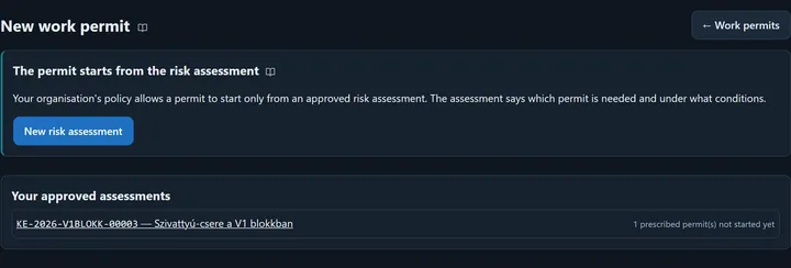 The New work permit page when a risk assessment is mandatory: The permit starts from the risk assessment card with its explanation and the New risk assessment button, below it the Your approved assessments list with one assessment and the note that 1 prescribed permit has not been started yet.