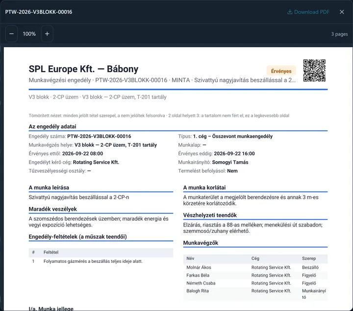 The in-app PDF preview: at the top the number, the Download PDF button and the close button; below them the zoom control and the page count; on the first page of the PDF the organisation's name, the Active status, the QR code in the top-right corner, the compaction note, then the permit's details, the description and limits of the work, the conditions and the workers — the paper itself in the organisation's document language, here Hungarian.