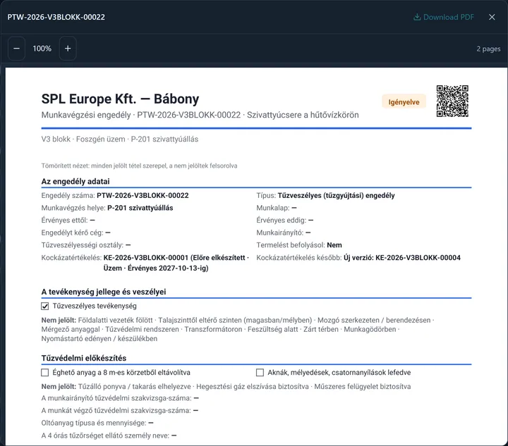 The PDF preview of a requested permit (the paper is in the organisation’s document language, here Hungarian): in the permit data block the Kockázatértékelés (risk assessment) row — KE-2026-V3BLOKK-00001 (Előre elkészített · Üzem · Érvényes 2027-10-13-ig) —, beside it the Kockázatértékelés később (risk assessment later) row: Új verzió: KE-2026-V3BLOKK-00004; above them the header with the status and the QR code.