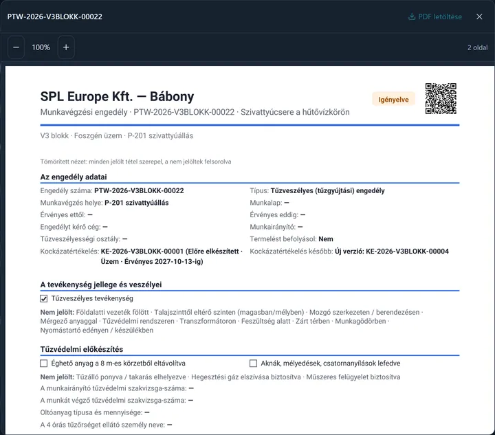 Egy igényelt engedély PDF-előnézete: Az engedély adatai blokkban a Kockázatértékelés sor — KE-2026-V3BLOKK-00001 (Előre elkészített · Üzem · Érvényes 2027-10-13-ig) —, mellette a Kockázatértékelés később sor: Új verzió: KE-2026-V3BLOKK-00004; fölötte a fejléc az állapottal és a QR-kóddal.
