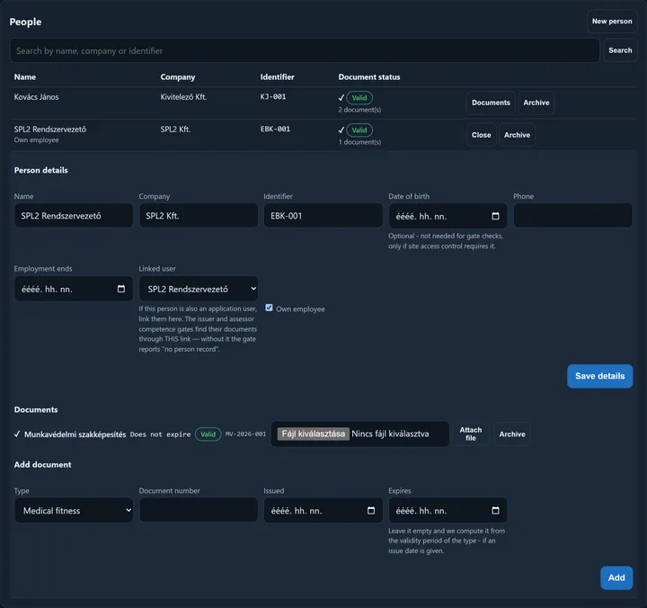 The People card: the New person button, the search field, the table with two people (name, company, identifier, document status with a Valid badge), one of them opened: the Person details form with the Linked user picker and its explanation, the list of Documents (an occupational-safety qualification that does not expire, Valid) and the Add document form.