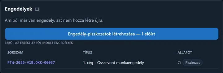 Az értékelés Engedélyek kártyája: a magyarázat, hogy amiből már van engedély, azt nem hozza létre újra; az Engedély-piszkozatok létrehozása — 1 előírt gomb; alatta az ebből az értékelésből indult engedélyek táblája (sorszám, típus, állapot: Piszkozat).