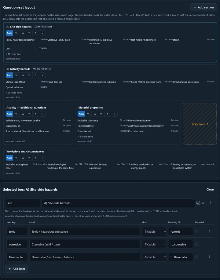 The Layout and preview tab: the Question-set layout card with the Add section button; the sections as boxes on the grid (A) Site-side hazards and B) Activity hazards full width, the supplementary questions a third, Material properties half width, next to them a hatched Empty space, Workplace and conditions below), each header with the width picker (Auto · 1/3 · 1/2 · 2/3 · 1) and the new-row button; below it the editor of the selected box with its items.