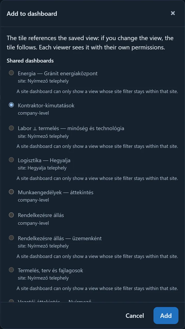 The Add to dashboard dialog: shared dashboards with their scope, the site dashboards that cannot be chosen with a reason